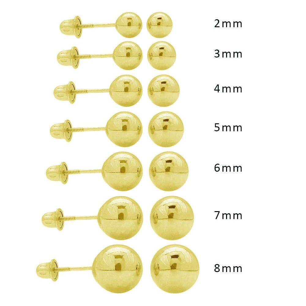 14K Solid Gold Round Ball Stud Earrings Screw-back Yellow