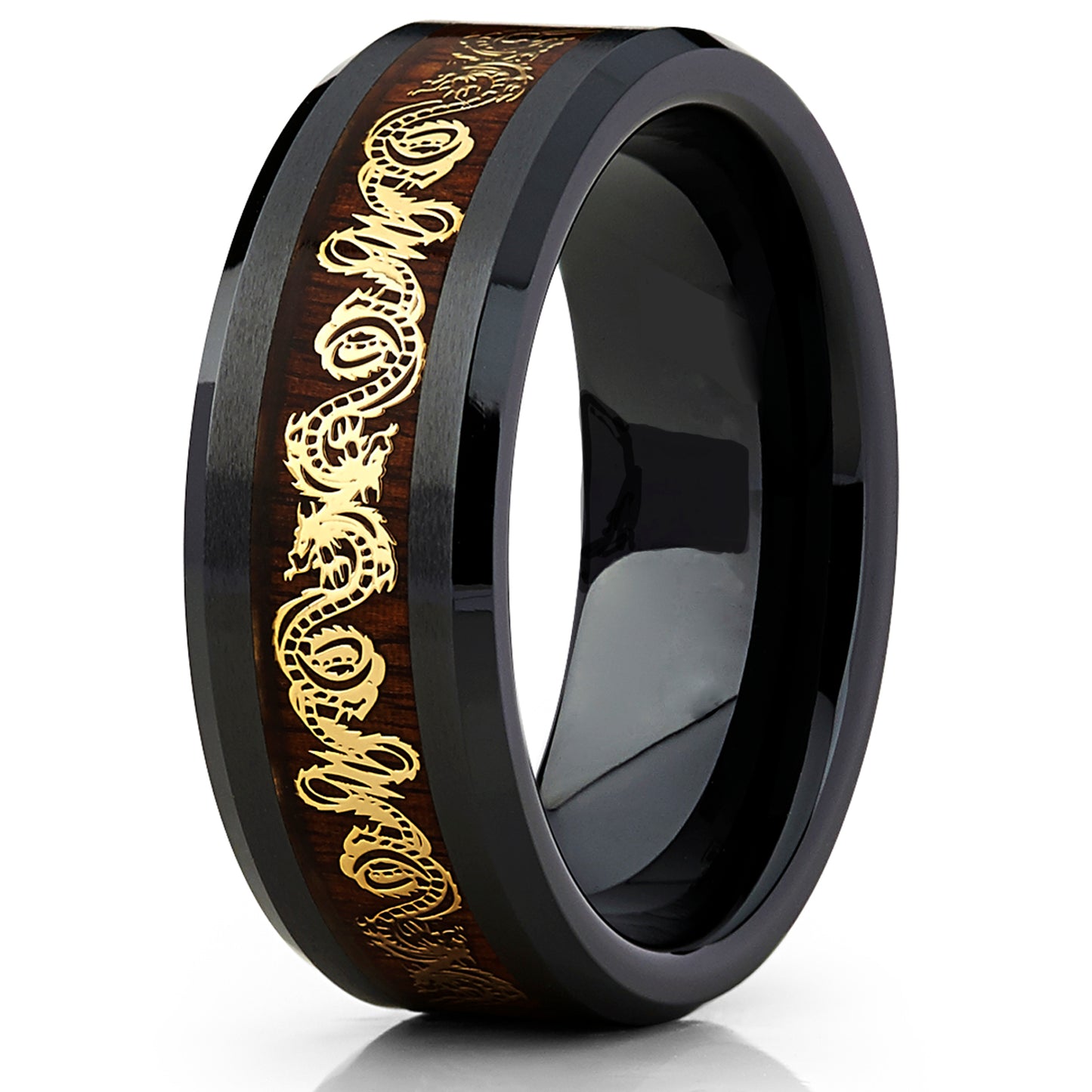 Black Ceramic Men's Wedding Ring Band Goldtone Color Dragon Design Over Wood Inlay