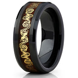 Black Ceramic Men's Wedding Ring Band Goldtone Color Dragon Design Over Wood Inlay