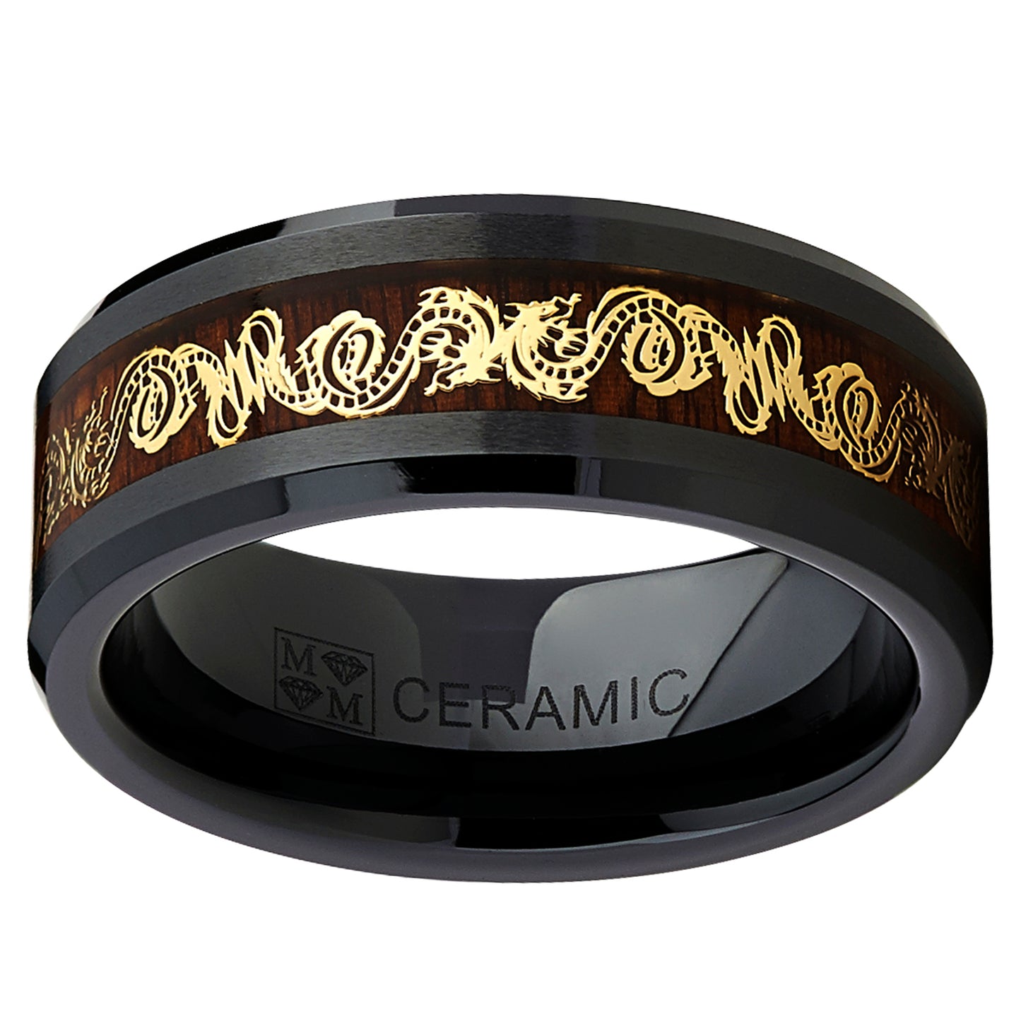 Black Ceramic Men's Wedding Ring Band Goldtone Color Dragon Design Over Wood Inlay