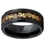 Black Ceramic Men's Wedding Ring Band Goldtone Color Dragon Design Over Wood Inlay