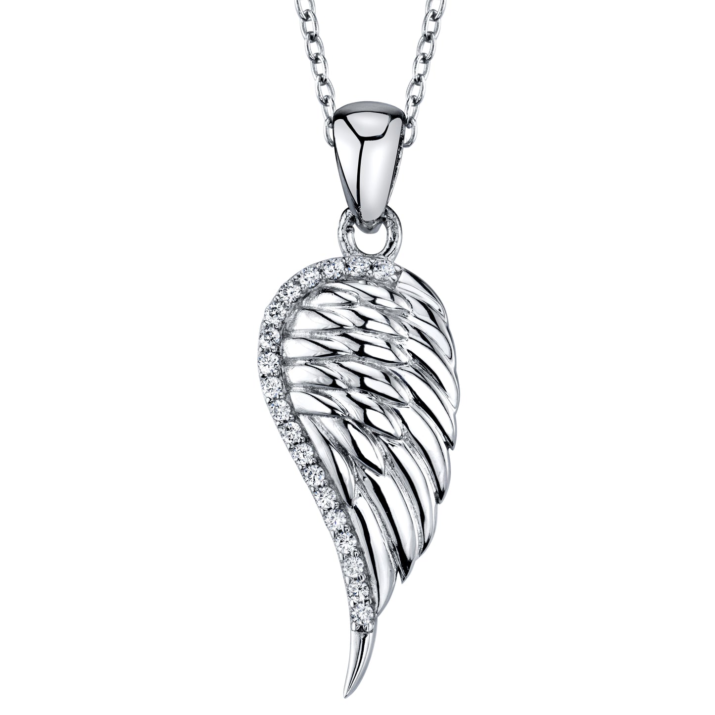 Sterling Silver 925 Carved Angel Wing Charm Pendant Cubic Zirconia Necklace 18"