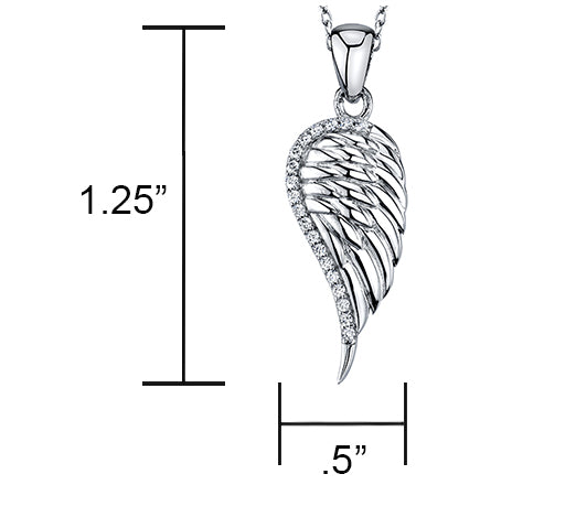 Sterling Silver 925 Carved Angel Wing Charm Pendant Cubic Zirconia Necklace 18"