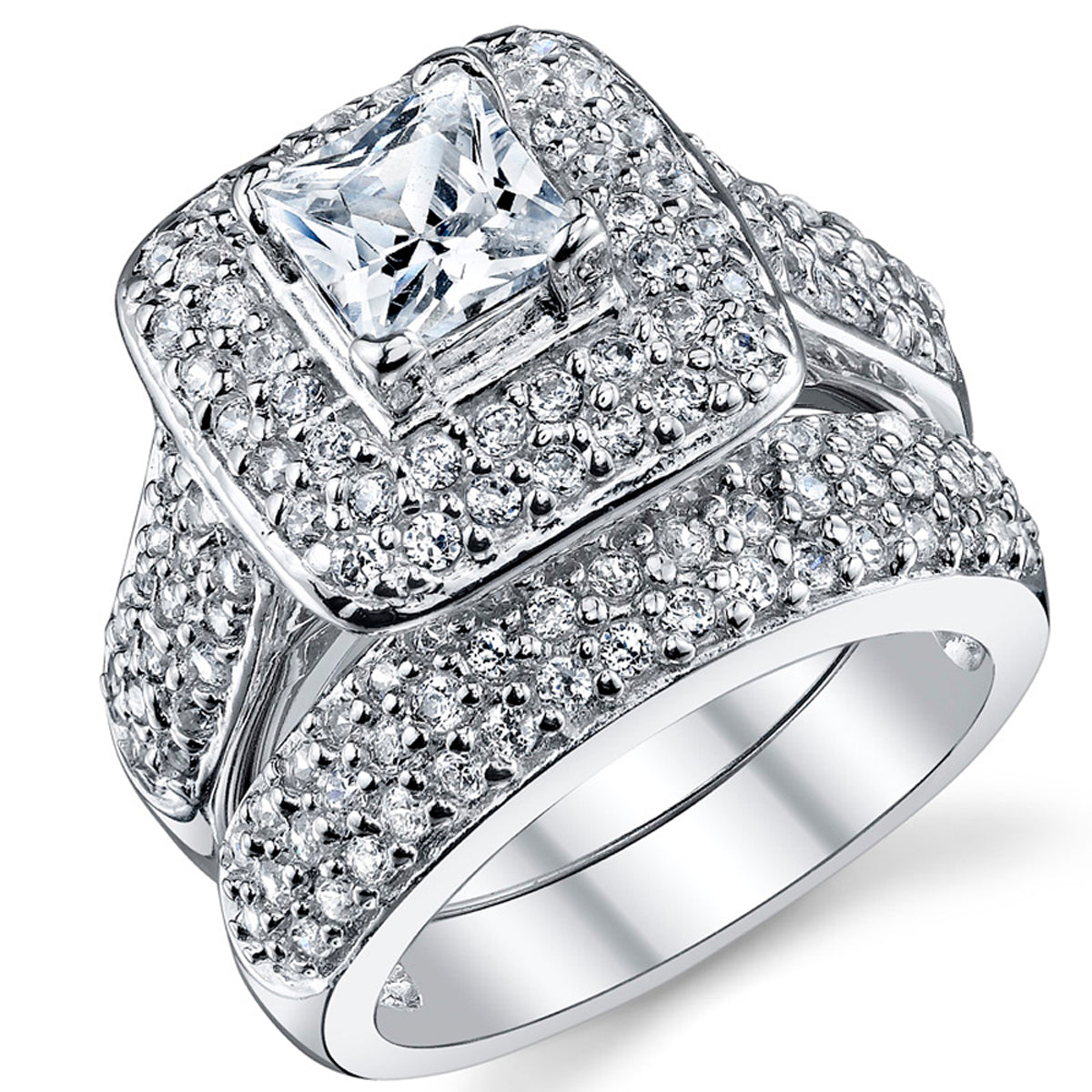 Women's 1Ct. Sterling Silver 925 Princess-cut Double Halo Cubic Zirconia Wedding Engagement Ring Set