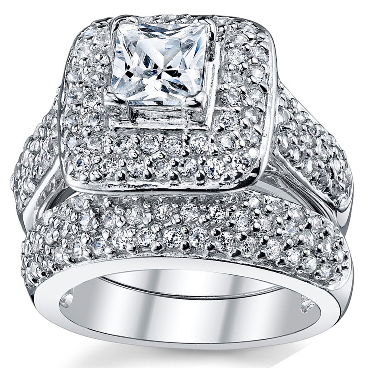 Women's 1Ct. Sterling Silver 925 Princess-cut Double Halo Cubic Zirconia Wedding Engagement Ring Set