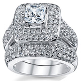 Women's 1Ct. Sterling Silver 925 Princess-cut Double Halo Cubic Zirconia Wedding Engagement Ring Set