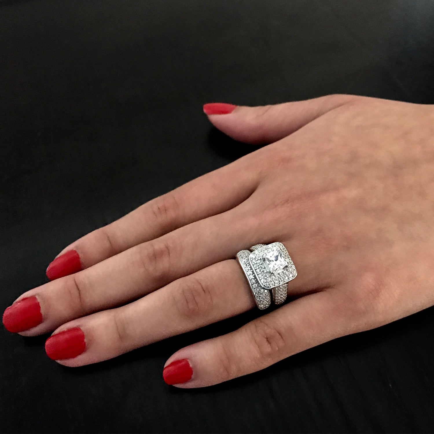 Women's 1Ct. Sterling Silver 925 Princess-cut Double Halo Cubic Zirconia Wedding Engagement Ring Set