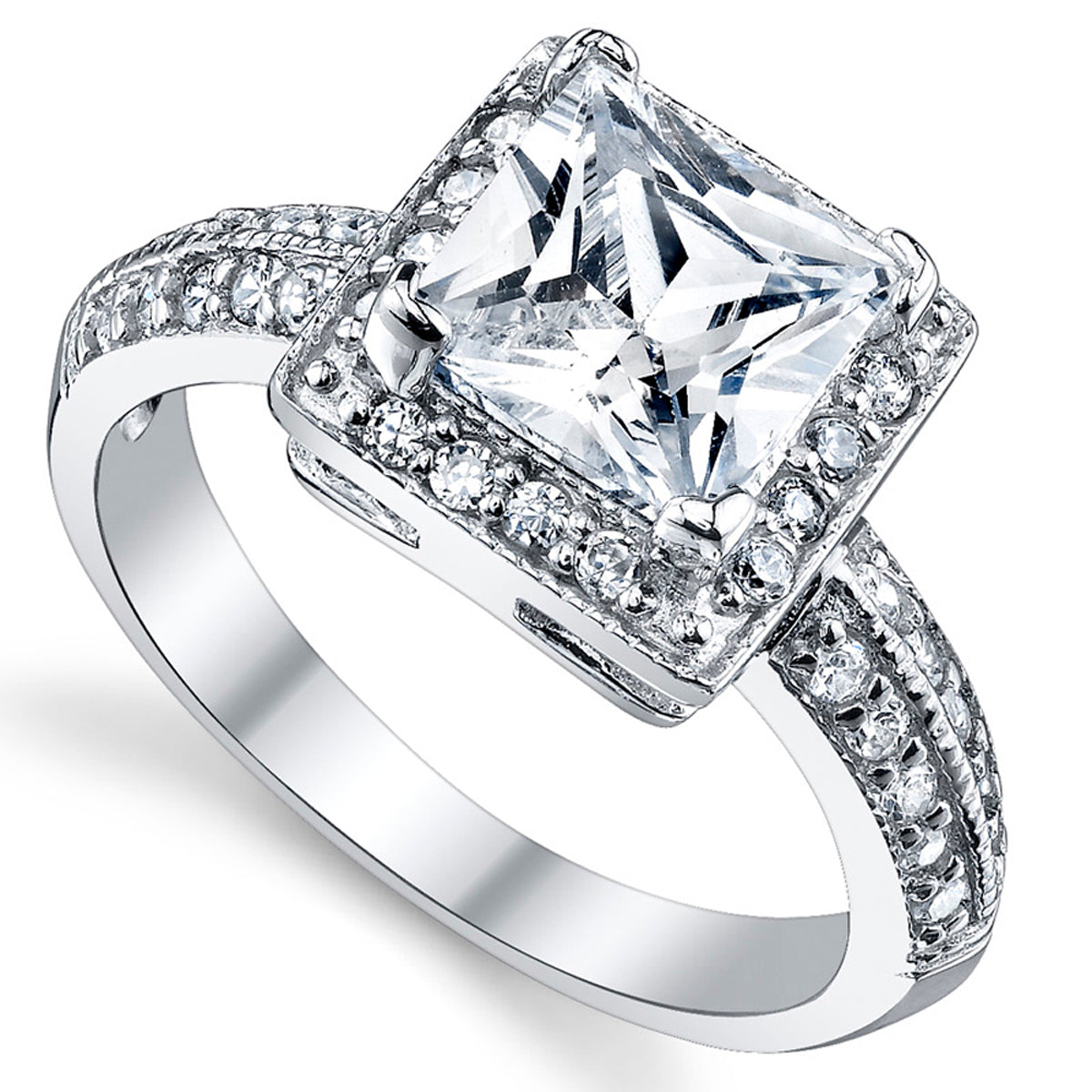 Women's 2 Carat Princess-Cut Halo Cubic Zirconia Sterling Silver 925 Wedding Engagement Ring
