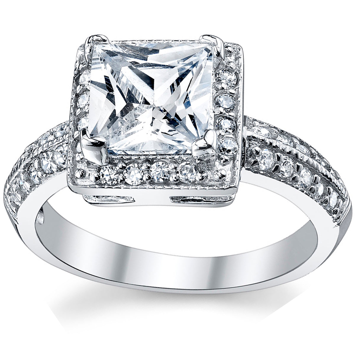 Women's 2 Carat Princess-Cut Halo Cubic Zirconia Sterling Silver 925 Wedding Engagement Ring