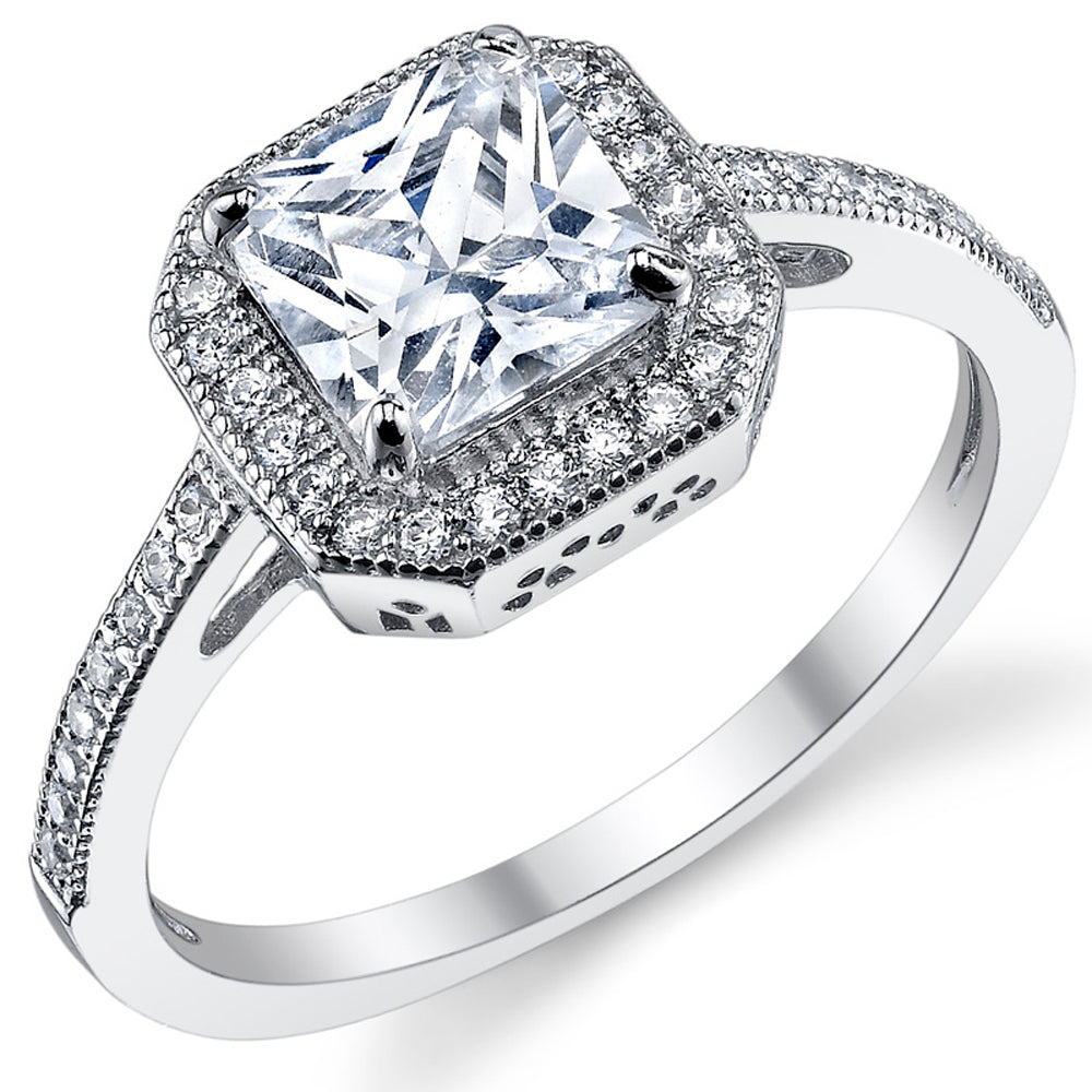 Women's 1.25 Carat Princess Cut Micro Pave Milgrain Sterling Silver Engagement Ring Cubic Zirconia