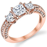 Women's Rose Plated Princess Cut CZ "Past Present Future Sterling Silver Wedding Engagement Ring