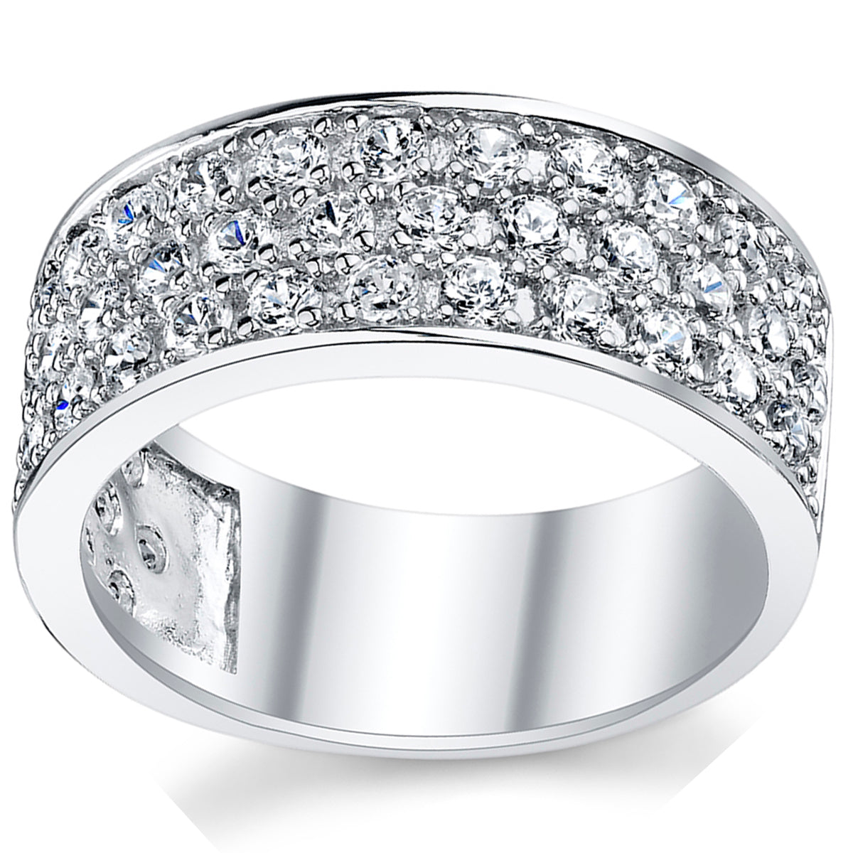 Sterling Silver 925 14K Gold Mens Wedding Band Engagement Ring 3 Row Cubic Zirconia CZ 9MM