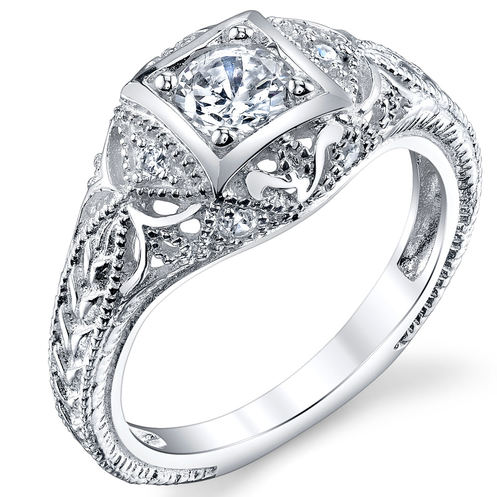 Women's 1Ct. Moissanite Carved 925 Sterling Silver Vintage Bridal Engagement Ring 18K White Gold Plated VVS D-Color