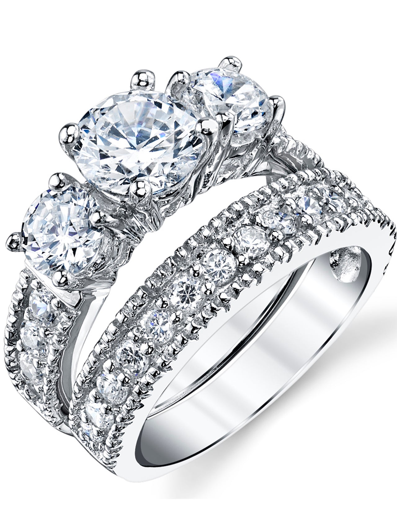 Women's 3.4Ct. Sterling Silver Past Present Future 2-Pc Bridal Set Engagement Wedding Ring Cubic Zirconia