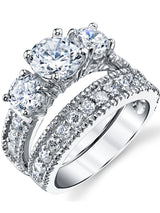 Women's 3.4Ct. Sterling Silver Past Present Future 2-Pc Bridal Set Engagement Wedding Ring Cubic Zirconia