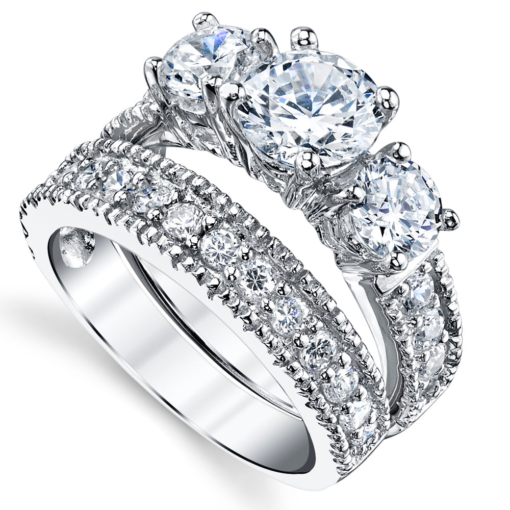 Women's 3.4Ct. Sterling Silver Past Present Future 2-Pc Bridal Set Engagement Wedding Ring Cubic Zirconia