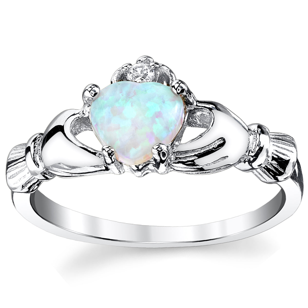 Women's Sterling Silver 925 Irish Claddagh Friendship Love Ring Light Blue Simulated Opal Heart