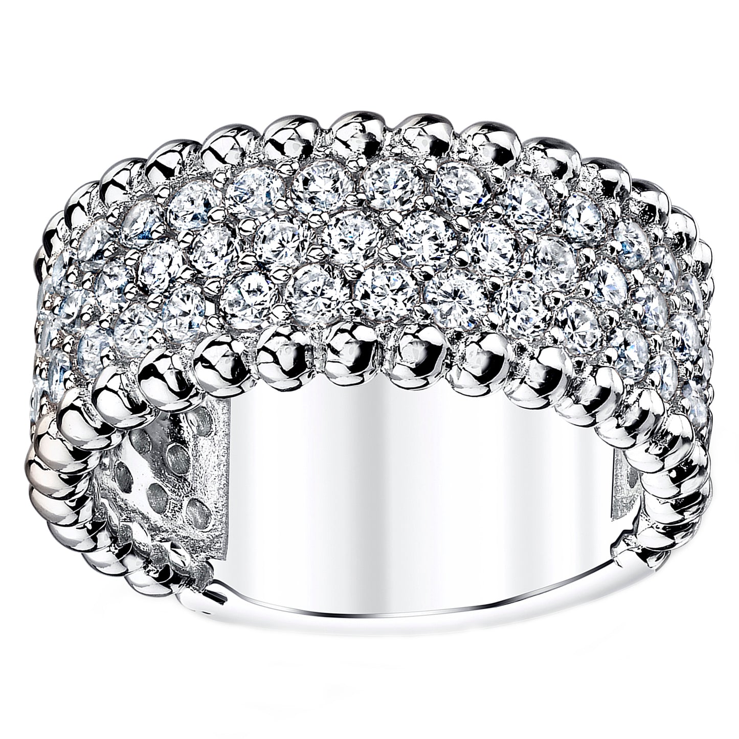 Women's Three Row Round Cut Cubic Zirconia Sterling Silver Wedding Ring 9MM