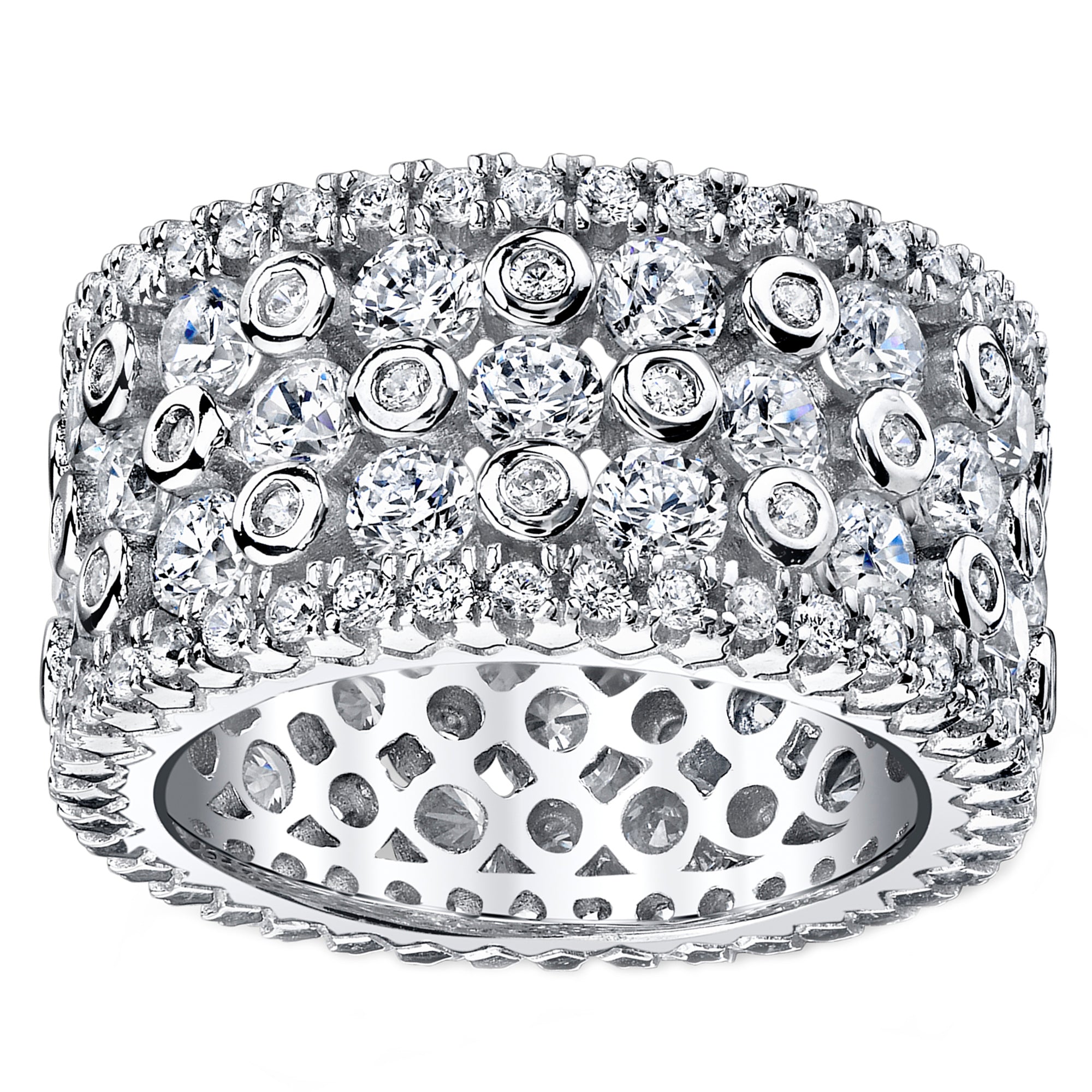 Women's Sterling Silver Wide Eternity Wedding Ring Round Cut Cubic Zirconia 11MM