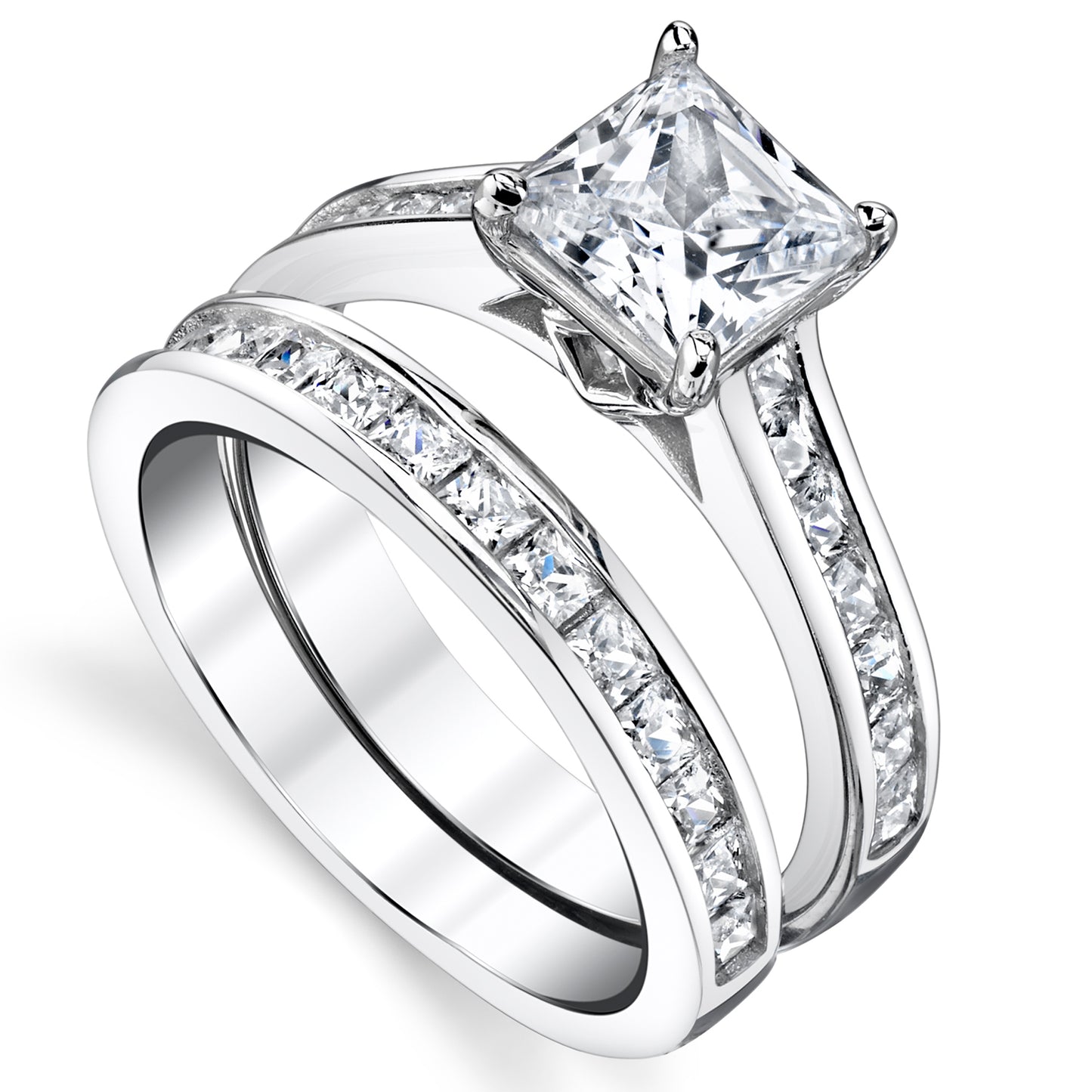 Womens 4.3 Carats Sterling Silver Bridal-Set Engagement Wedding Ring Cubic Zirconia 8MM