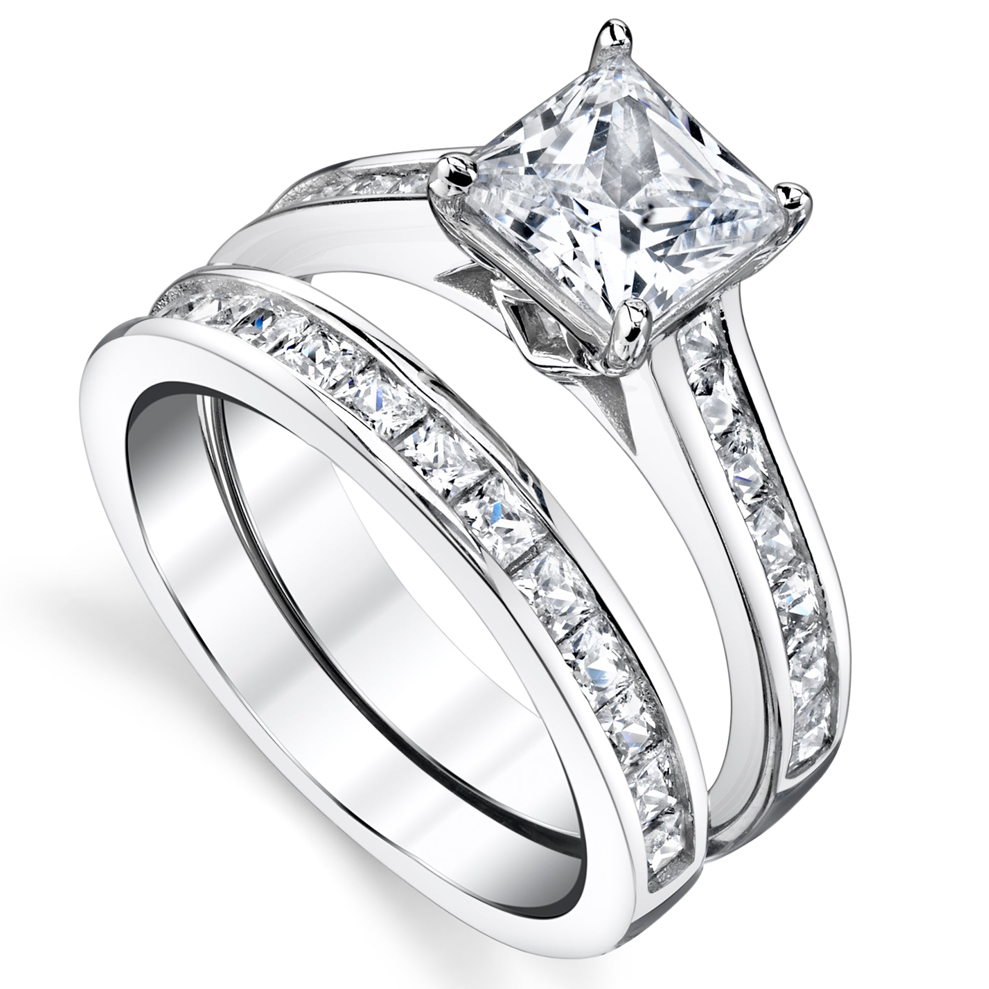 Womens 4.3 Carats Sterling Silver Bridal-Set Engagement Wedding Ring Cubic Zirconia 8MM
