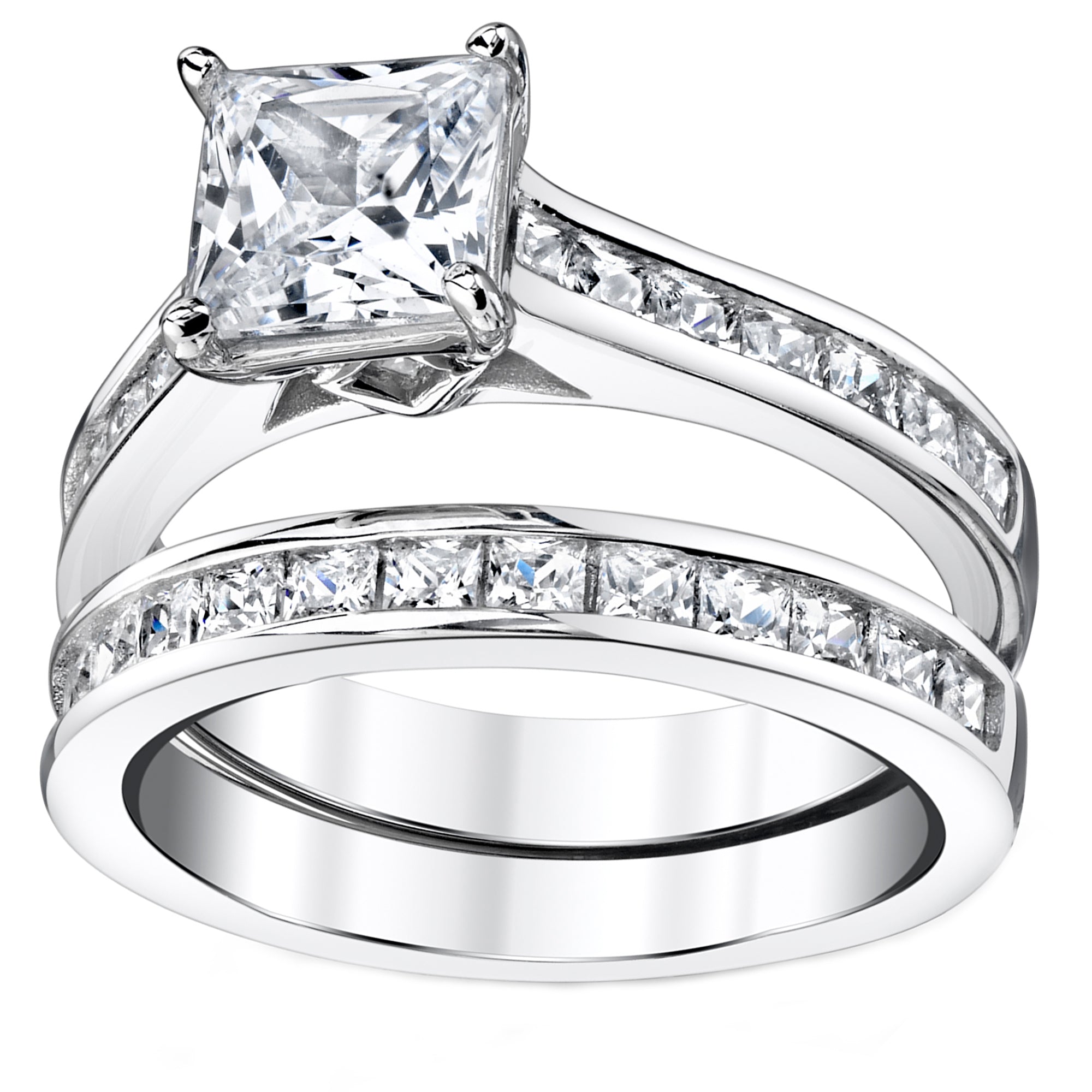 Womens 4.3 Carats Sterling Silver Bridal-Set Engagement Wedding Ring Cubic Zirconia 8MM