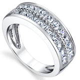 Double Row Princess Cut Men's Sterling Silver Wedding Band Engagement Ring with Cubic Zirconia 7.5mm Sizes 7 to 13