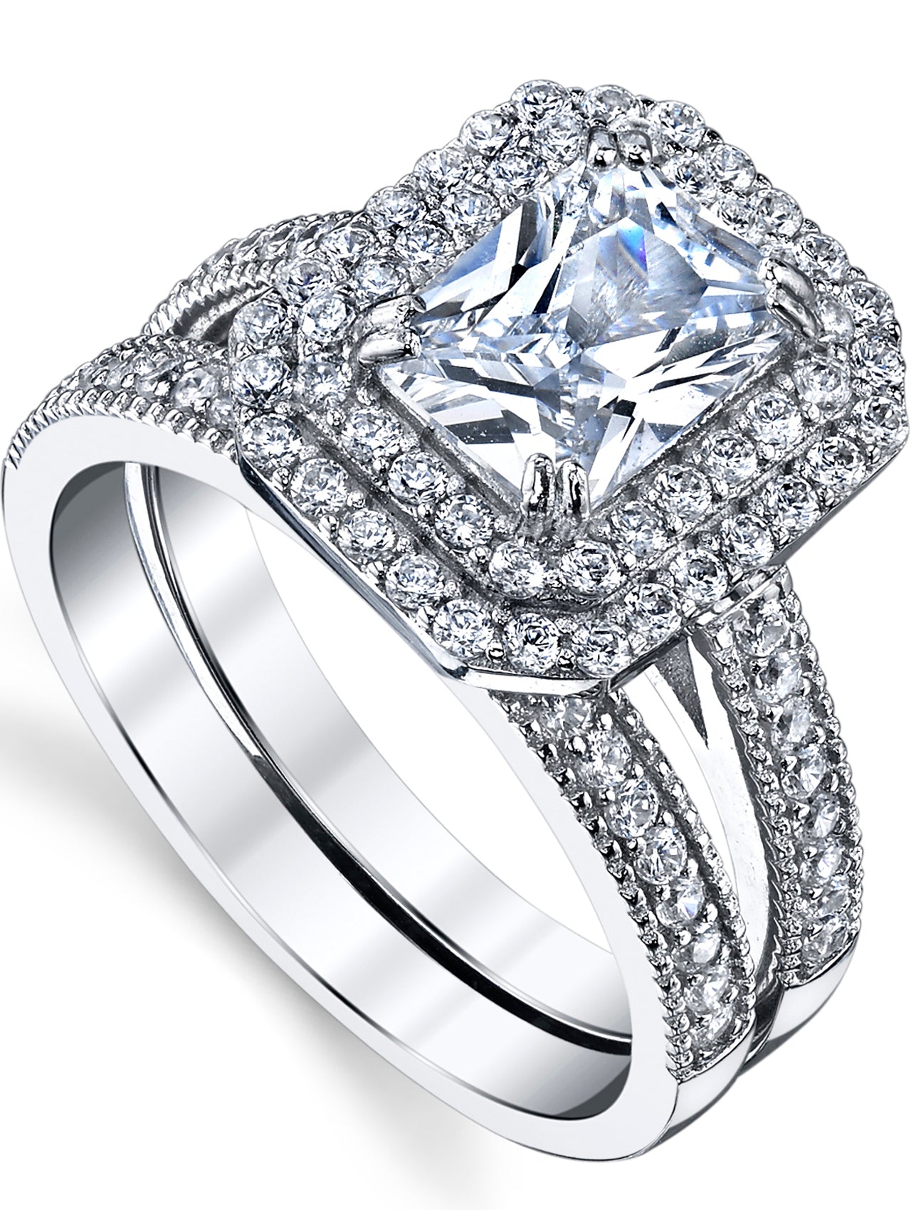 Womens 2 Carat Emerald-cut Sterling Silver 925 Double Halo CZ Wedding Engagement Ring Bridal Set