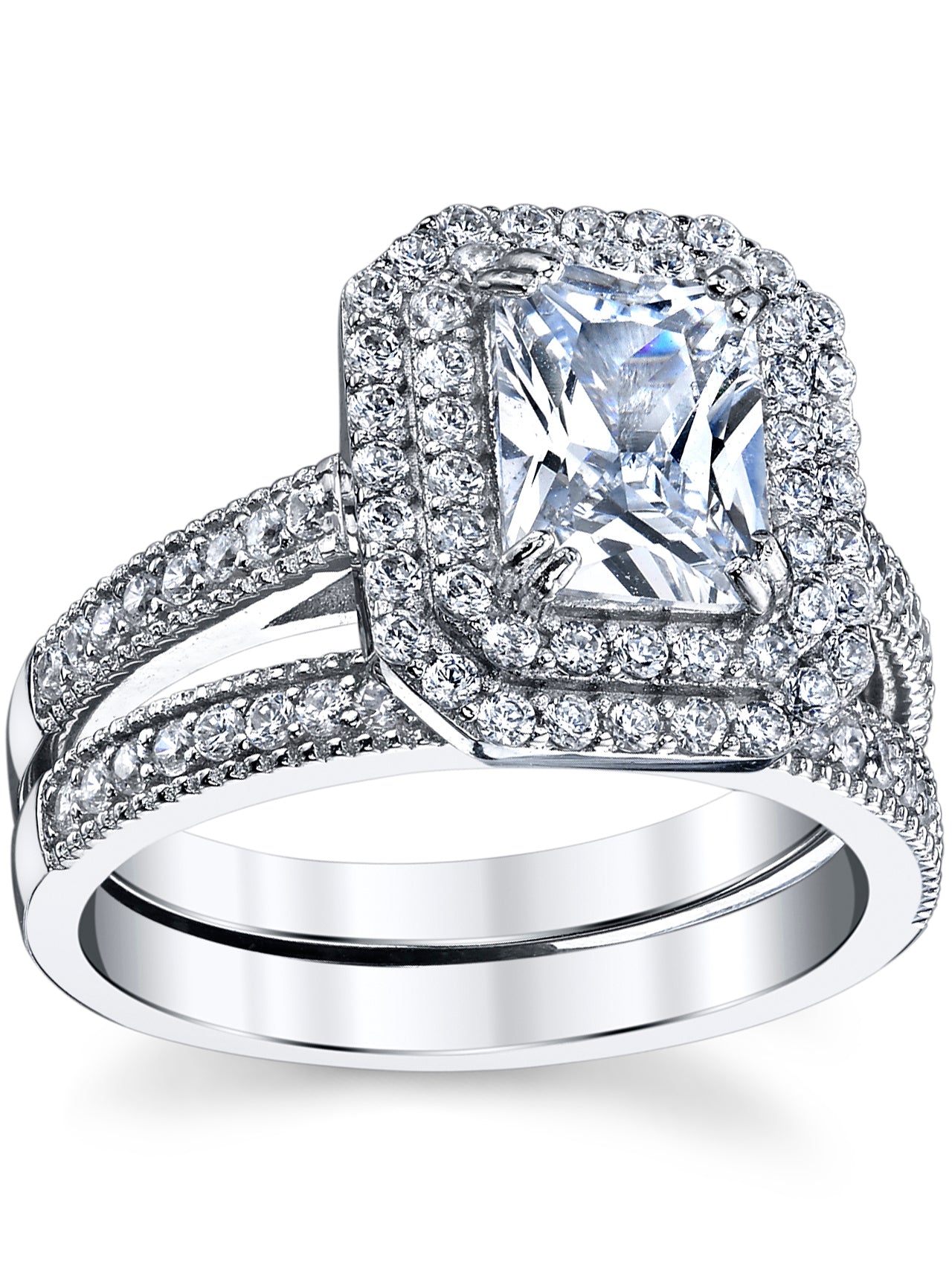 Womens 2 Carat Emerald-cut Sterling Silver 925 Double Halo CZ Wedding Engagement Ring Bridal Set