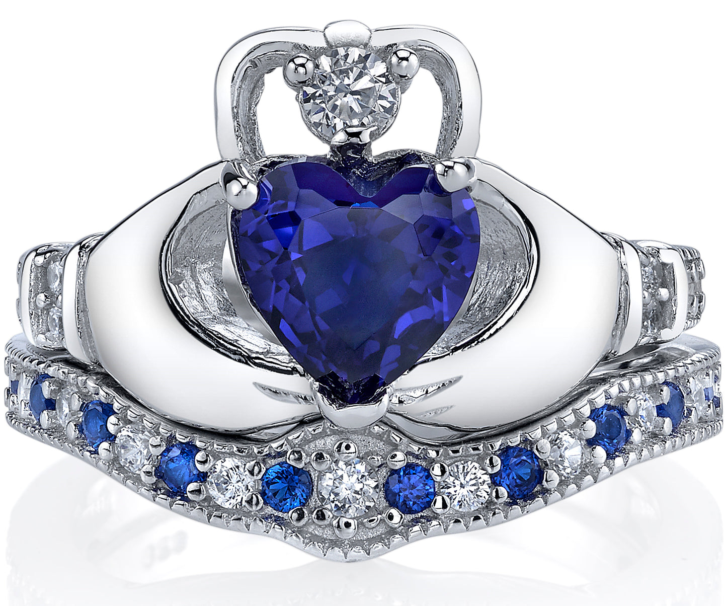 Sterling Silver 925 Irish Claddagh Friendship Love Engagement Wedding Ring Sets Simulated Sapphire Blue Heart CZ Cubic