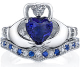 Sterling Silver 925 Irish Claddagh Friendship Love Engagement Wedding Ring Sets Simulated Sapphire Blue Heart CZ Cubic