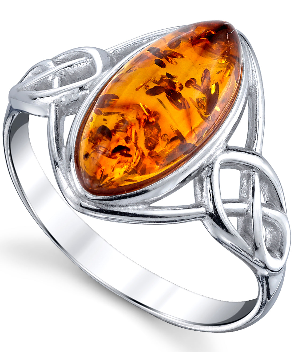 Women's Sterling Silver Baltic Amber Celtic Design Ring Cognac Marquise Shape Center Sizes 5-9