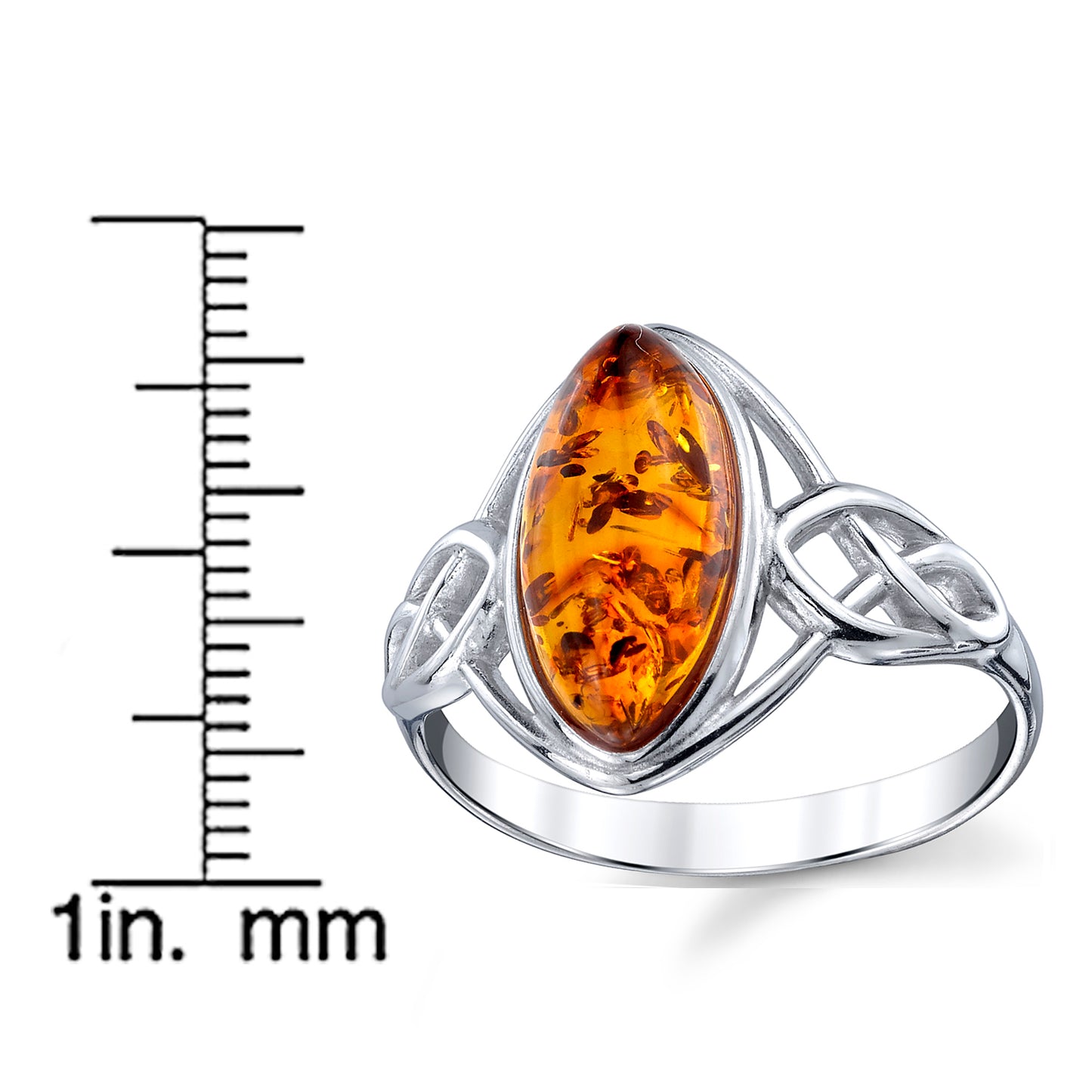 Women's Sterling Silver Baltic Amber Celtic Design Ring Cognac Marquise Shape Center Sizes 5-9
