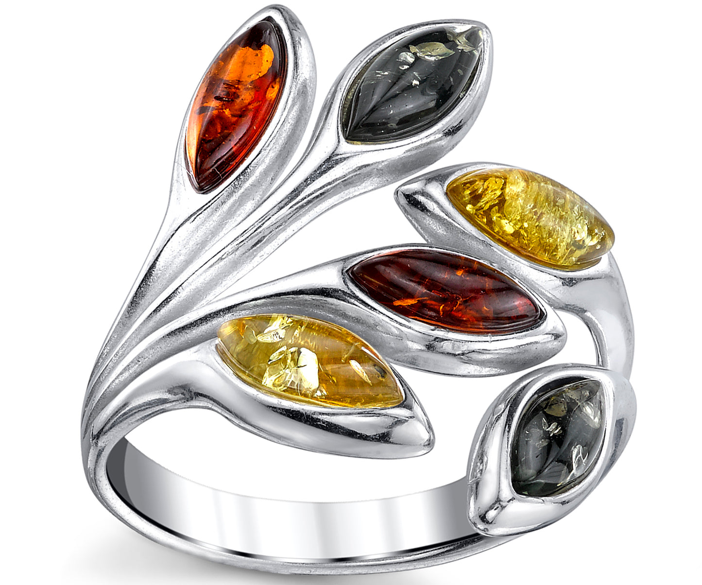 Women's Sterling Silver Baltic AmberLeaf Ring Cherry Honey Cognac Olive Colors 5-9