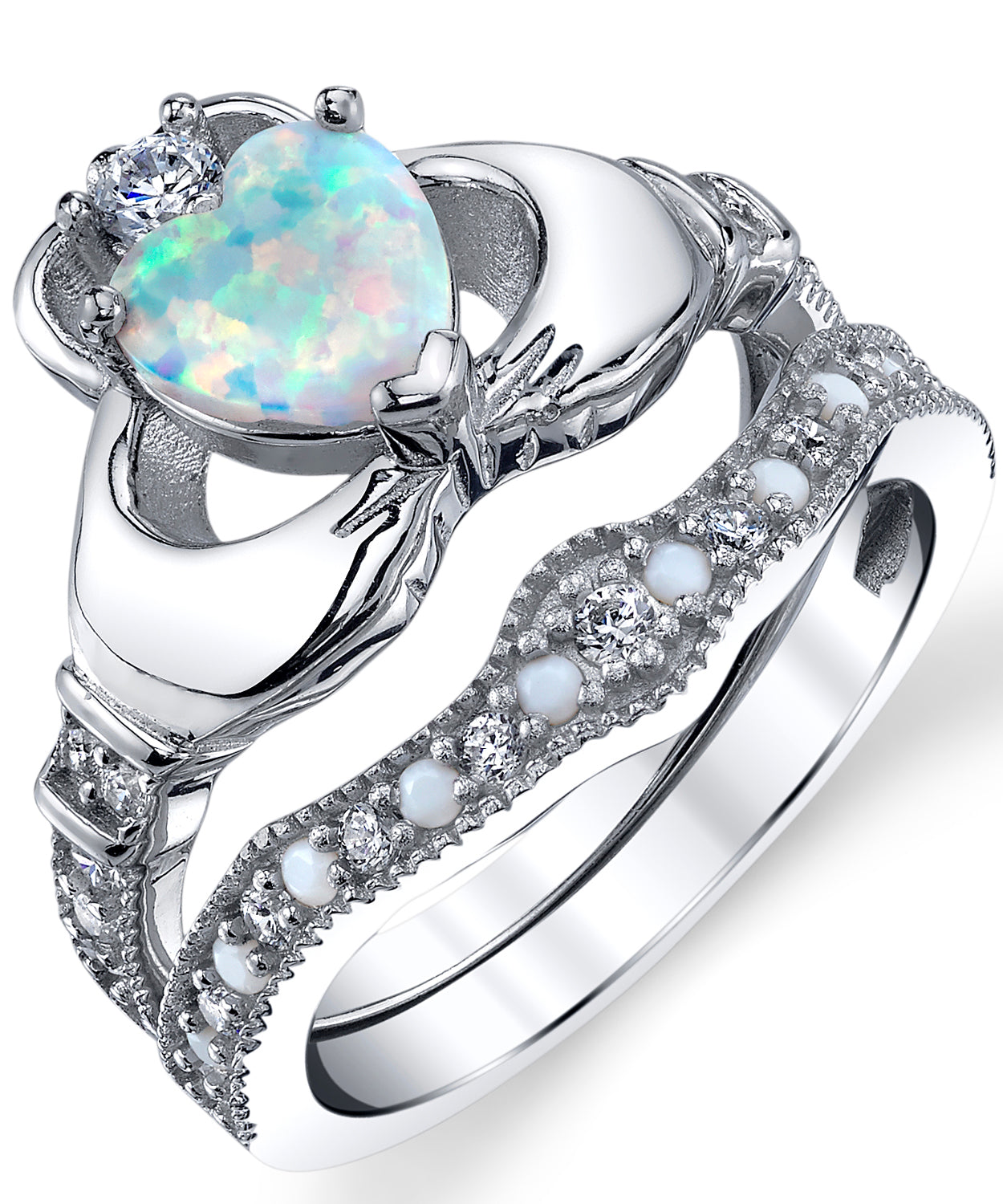 Women's Sterling Silver 925 Heart Shape Claddagh Engagement Ring Wedding Bridal Sets White Simulated Opal