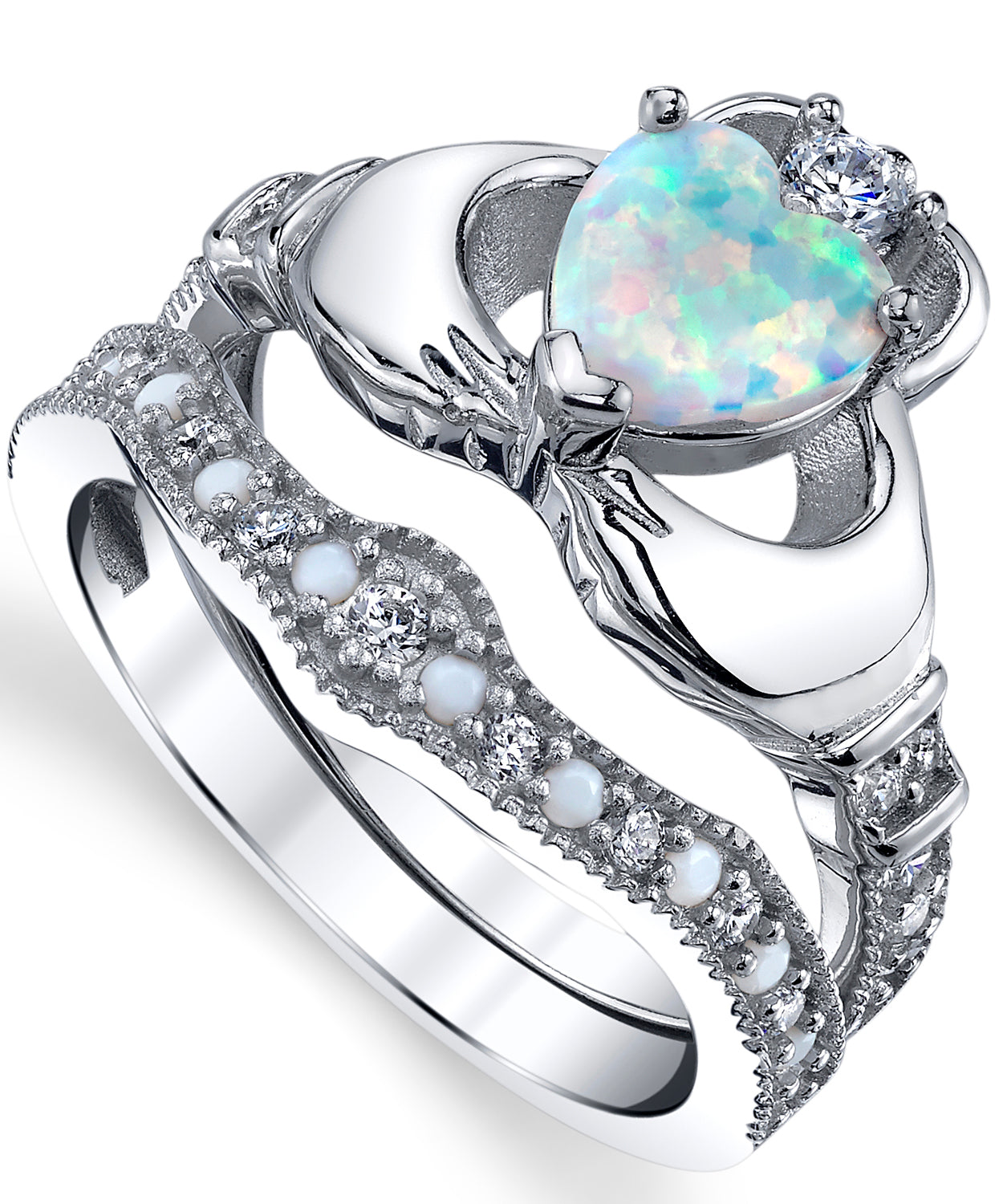 Women's Sterling Silver 925 Heart Shape Claddagh Engagement Ring Wedding Bridal Sets White Simulated Opal