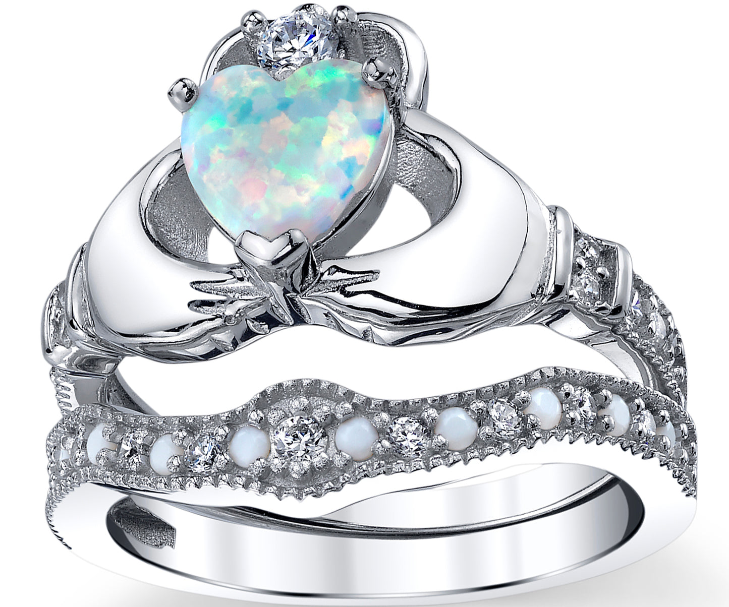 Women's Sterling Silver 925 Heart Shape Claddagh Engagement Ring Wedding Bridal Sets White Simulated Opal