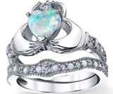 Women's Sterling Silver 925 Heart Shape Claddagh Engagement Ring Wedding Bridal Sets White Simulated Opal