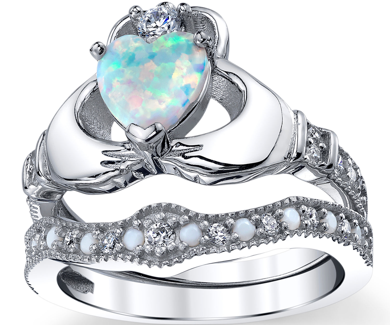 Women's Sterling Silver 925 Heart Shape Claddagh Engagement Ring Wedding Bridal Sets White Simulated Opal