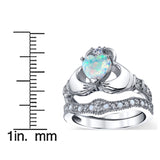 Women's Sterling Silver 925 Heart Shape Claddagh Engagement Ring Wedding Bridal Sets White Simulated Opal