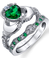 Sterling Silver 925 Heart Shape Claddagh Engagement Ring Wedding Bridal Sets with Green Simulated Emerald Cubic Zirconia