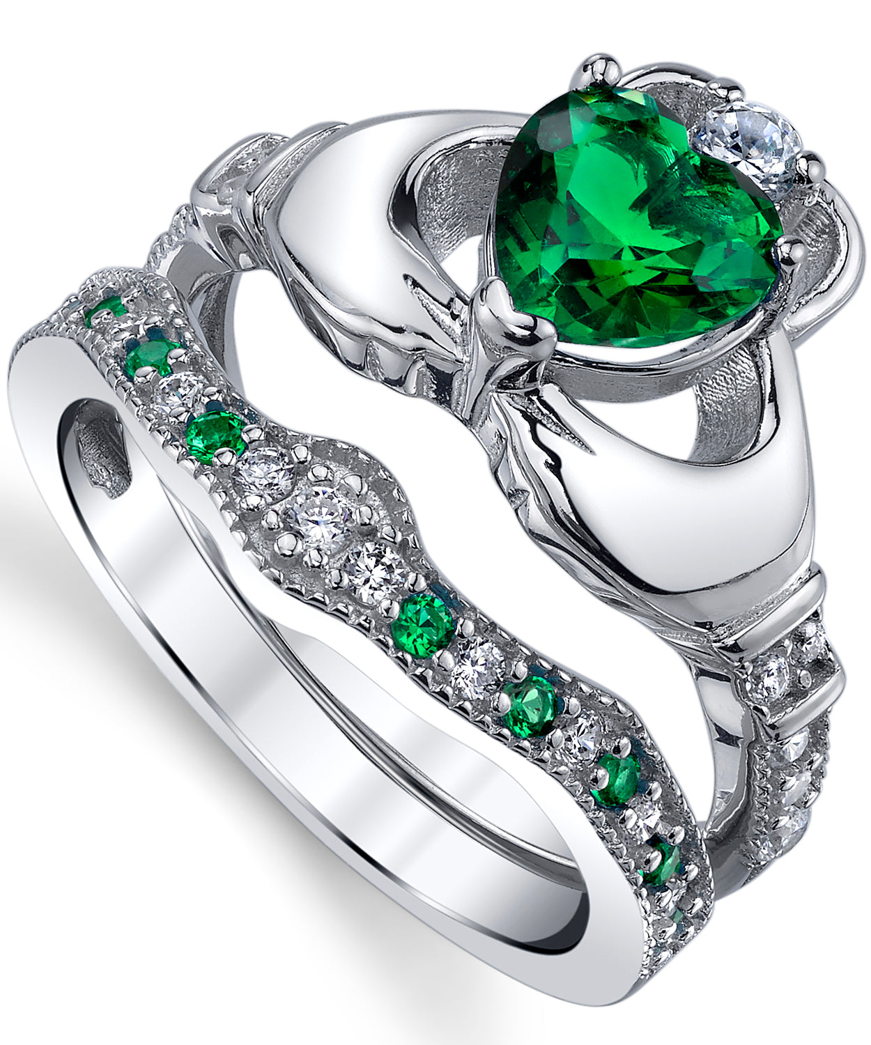 Sterling Silver 925 Heart Shape Claddagh Engagement Ring Wedding Bridal Sets with Green Simulated Emerald Cubic Zirconia