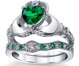 Sterling Silver 925 Heart Shape Claddagh Engagement Ring Wedding Bridal Sets with Green Simulated Emerald Cubic Zirconia