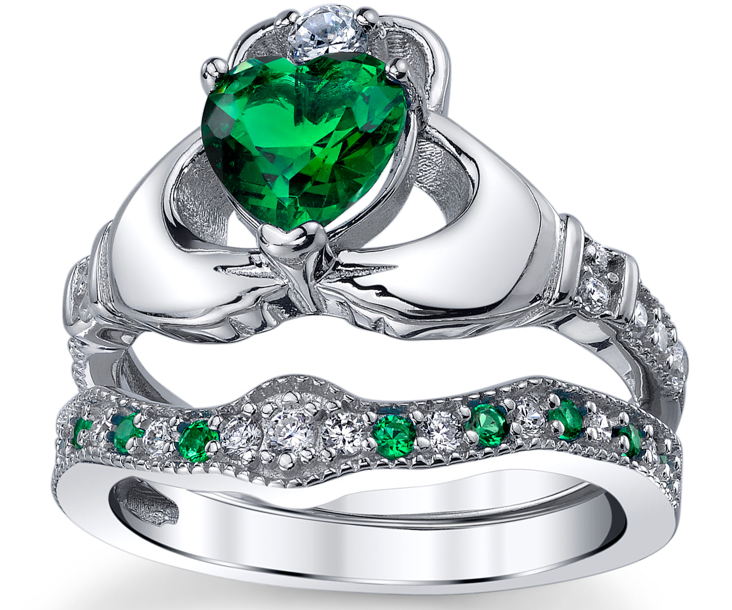 Sterling Silver 925 Heart Shape Claddagh Engagement Ring Wedding Bridal Sets with Green Simulated Emerald Cubic Zirconia