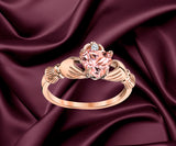 Rosetone Pink Plated Sterling Silver Irish Claddagh Ring .75 Carat Pink Simulated Morganite Heart Shape Cubic Zirconia C