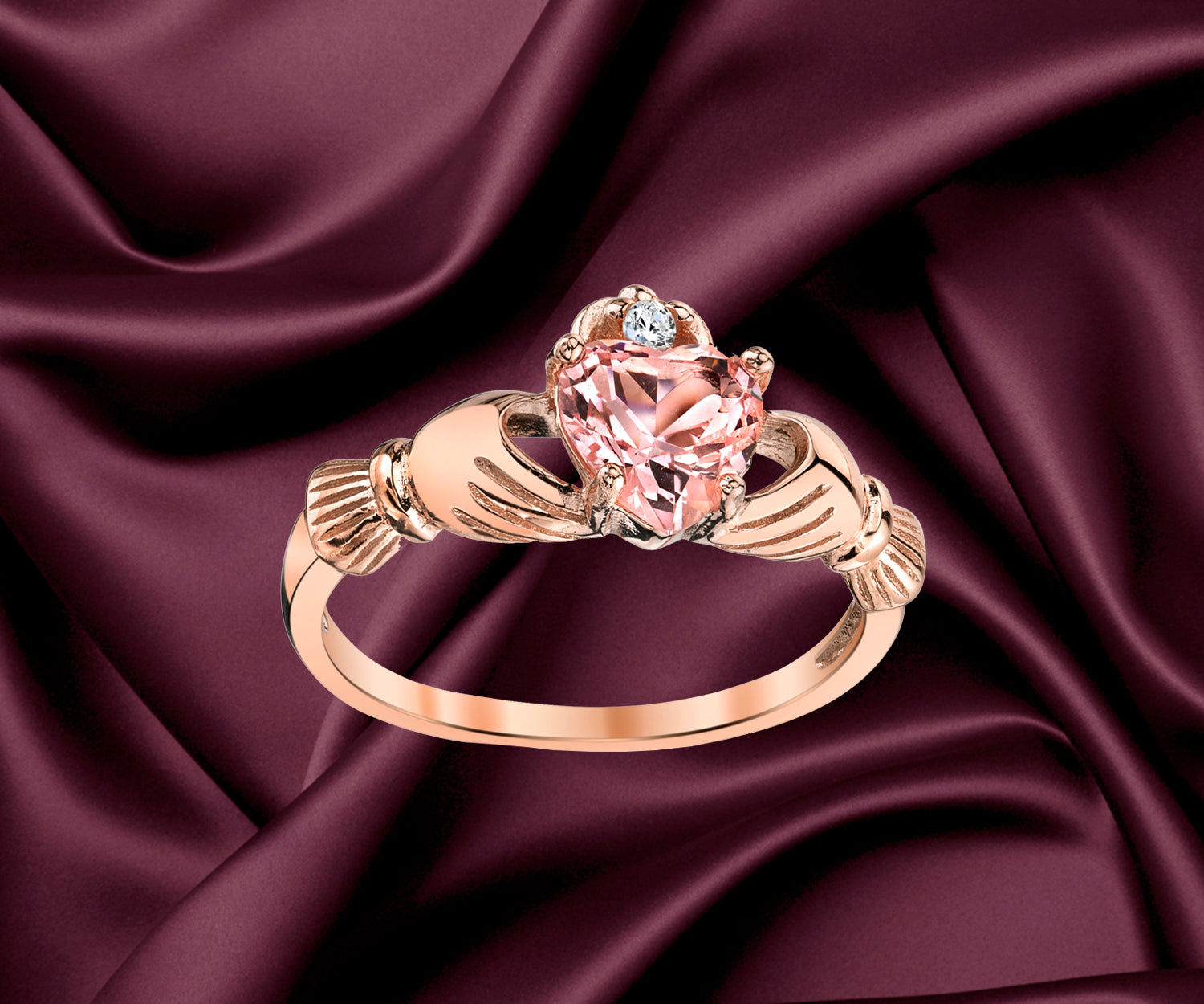 Rosetone Pink Plated Sterling Silver Irish Claddagh Ring .75 Carat Pink Simulated Morganite Heart Shape Cubic Zirconia C