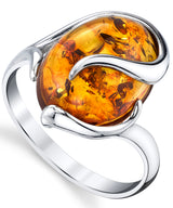 Women's Sterling Silver Baltic Amber Swirl Design Engagement Ring Cognac Stone
