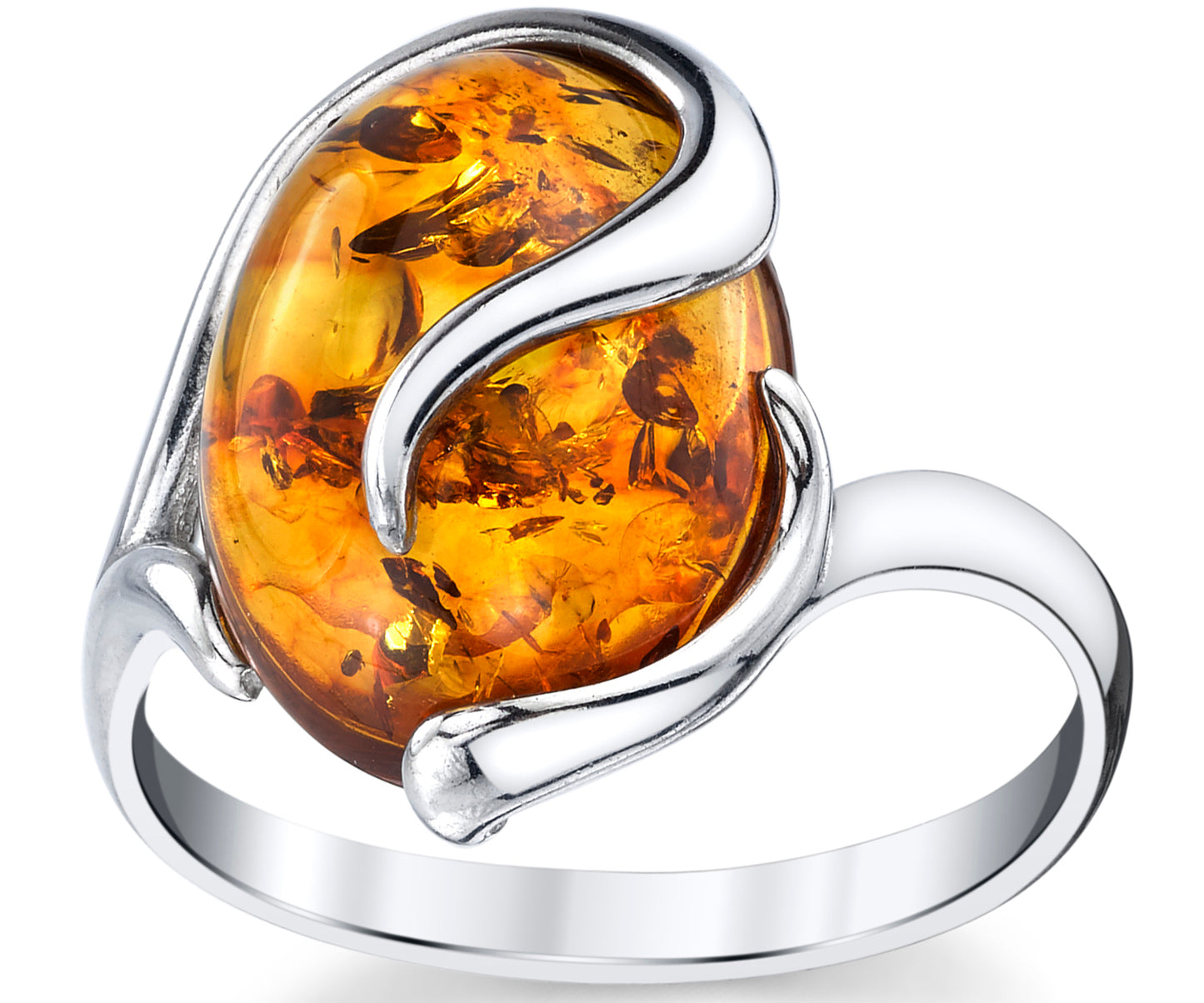 Women's Sterling Silver Baltic Amber Swirl Design Engagement Ring Cognac Stone