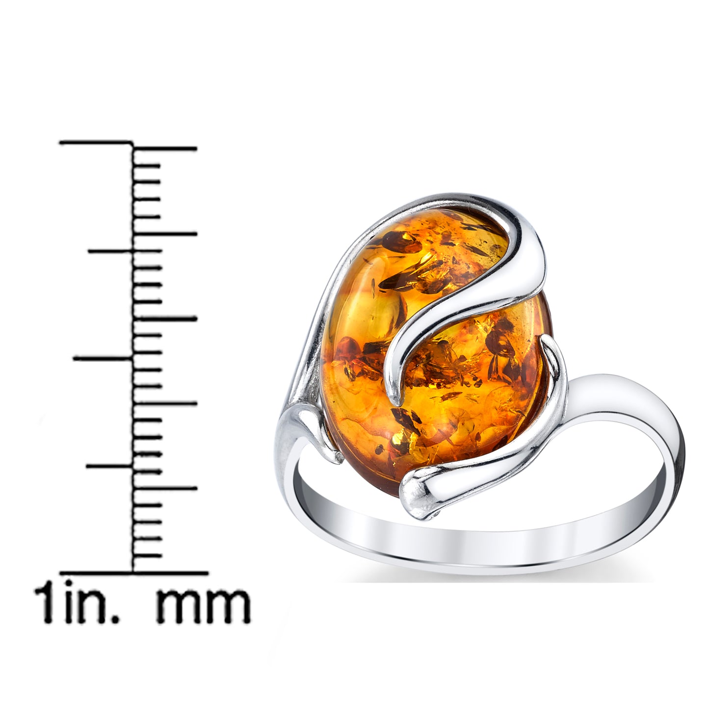 Women's Sterling Silver Baltic Amber Swirl Design Engagement Ring Cognac Stone