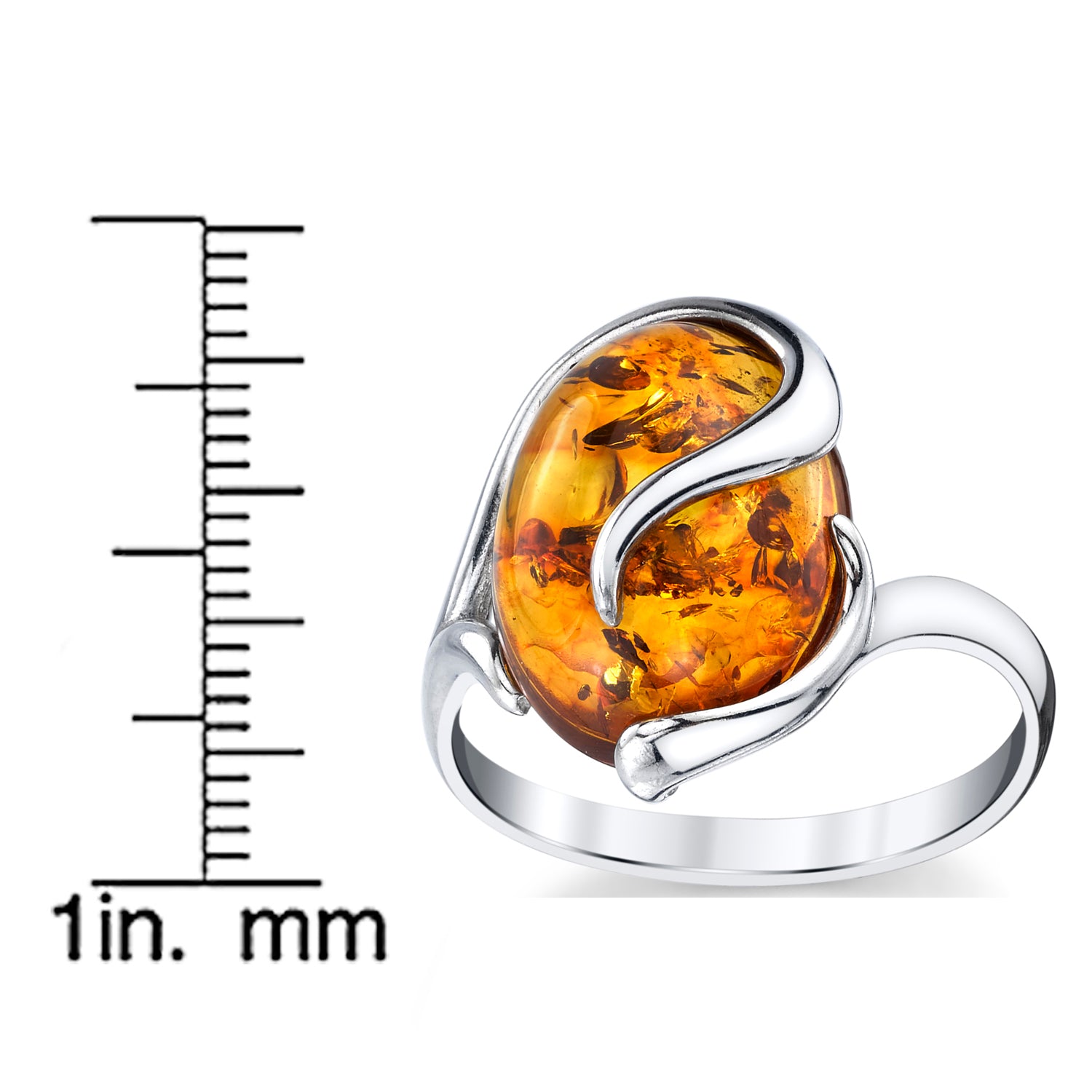 Women's Sterling Silver Baltic Amber Swirl Design Engagement Ring Cognac Stone